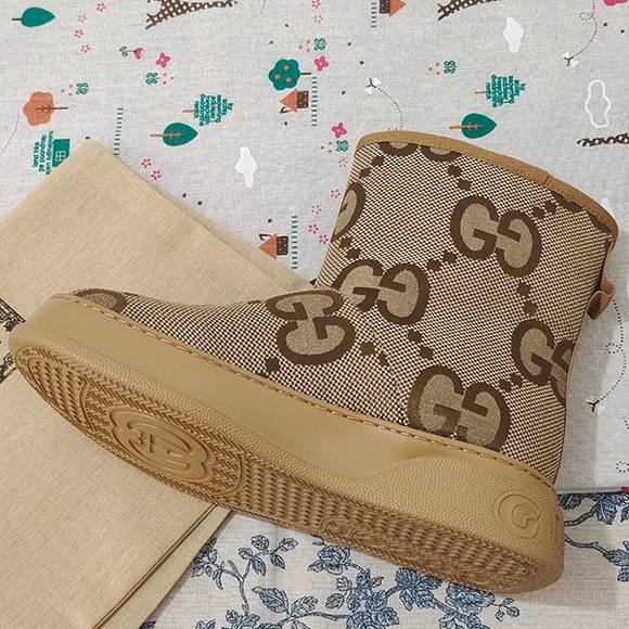 Gucci GG Brown Jacquard Fleece-Lined Ankle Boots - Picture 3 of 7